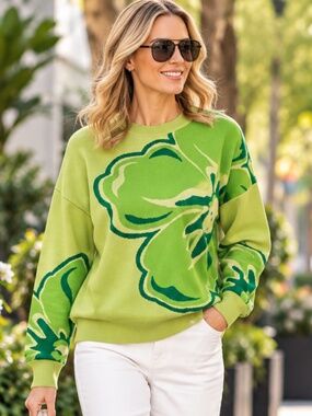 Jaclyn Smith Cactus Green Floral Jacquard Sweater Size XL NWOT
